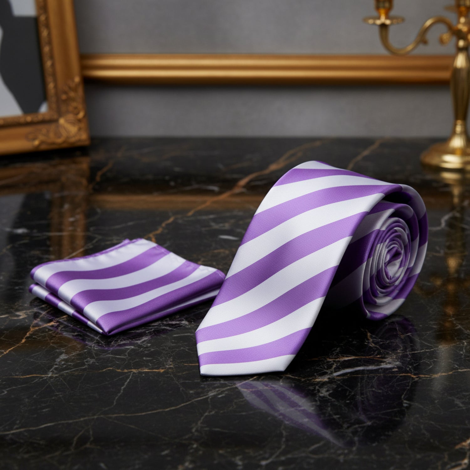 Alt View: A Light Purple, White Stripe Pattern Necktie, Pocket Square