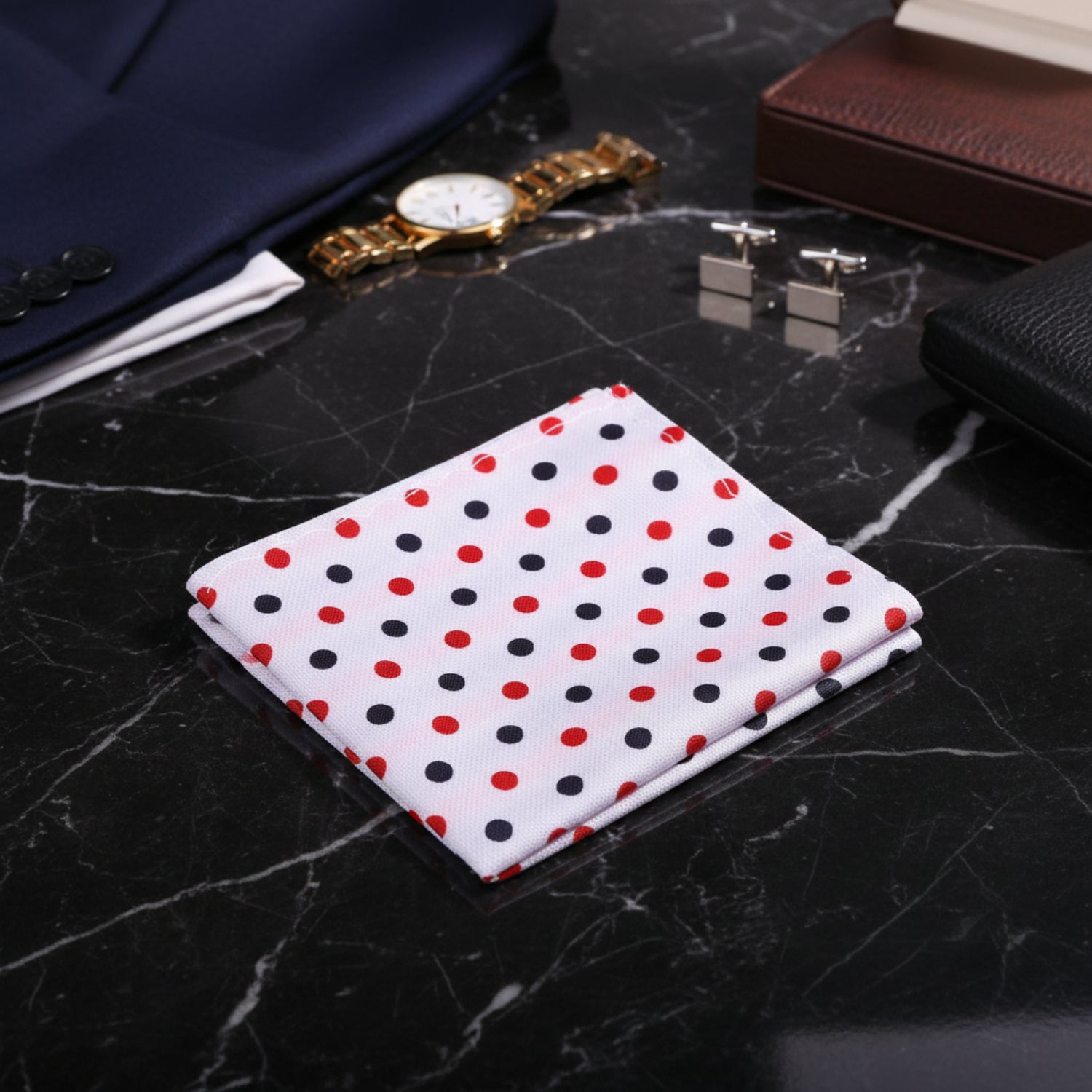 A White, Red, Black Polka Dot Pattern Pocket Square