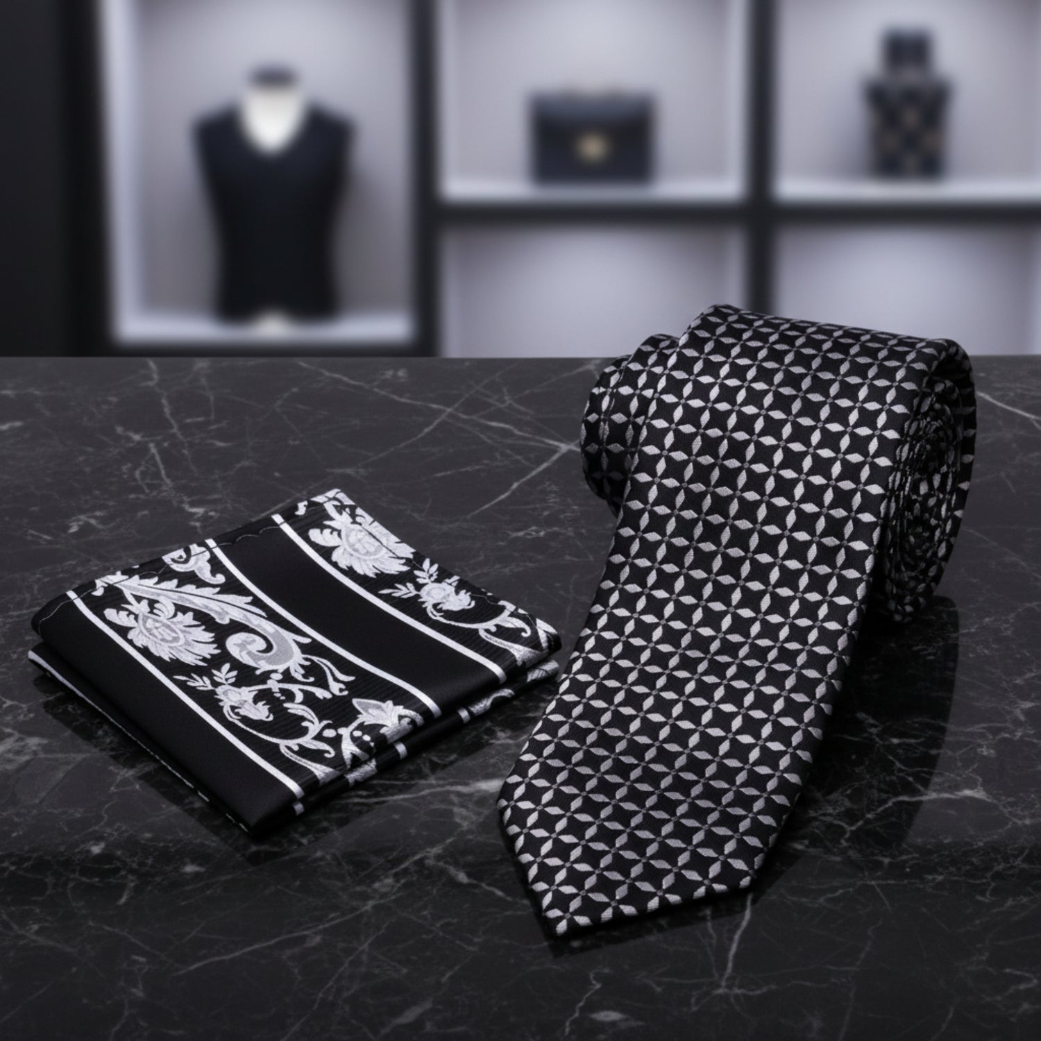 View 2: A Black With Grey Geometric X Pattern Necktie, Dark Grey, Black Tie and Accenting Black, Light Grey Pocket Square