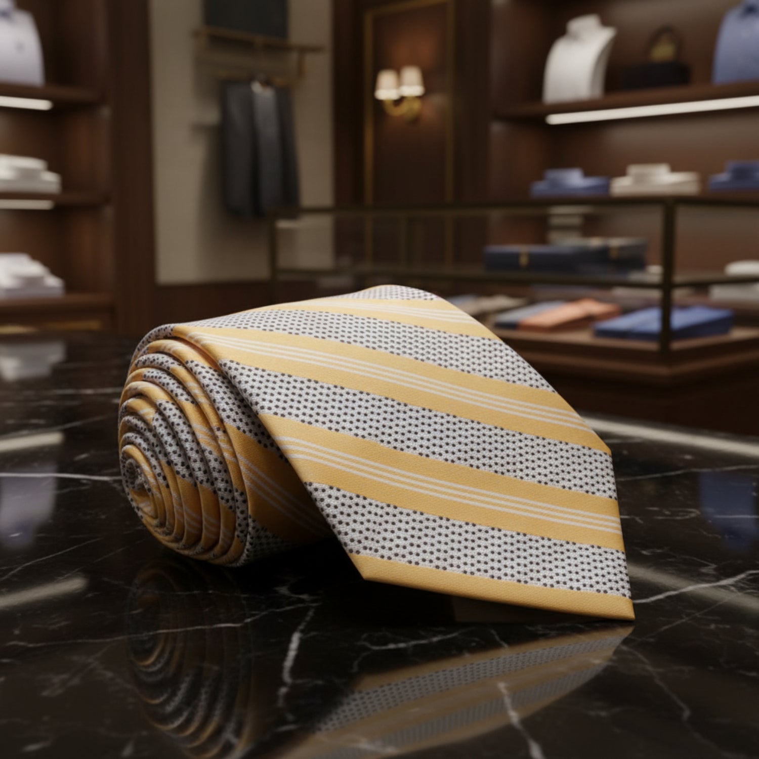 Yellow, Black, Light Grey Stripes With Dot Necktie