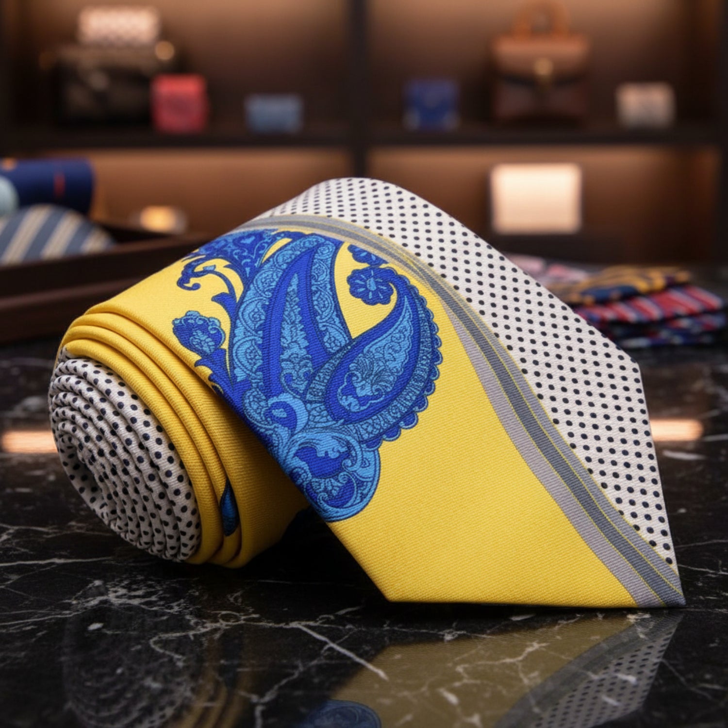 Yellow, Blue, Off-White Paisley Tie