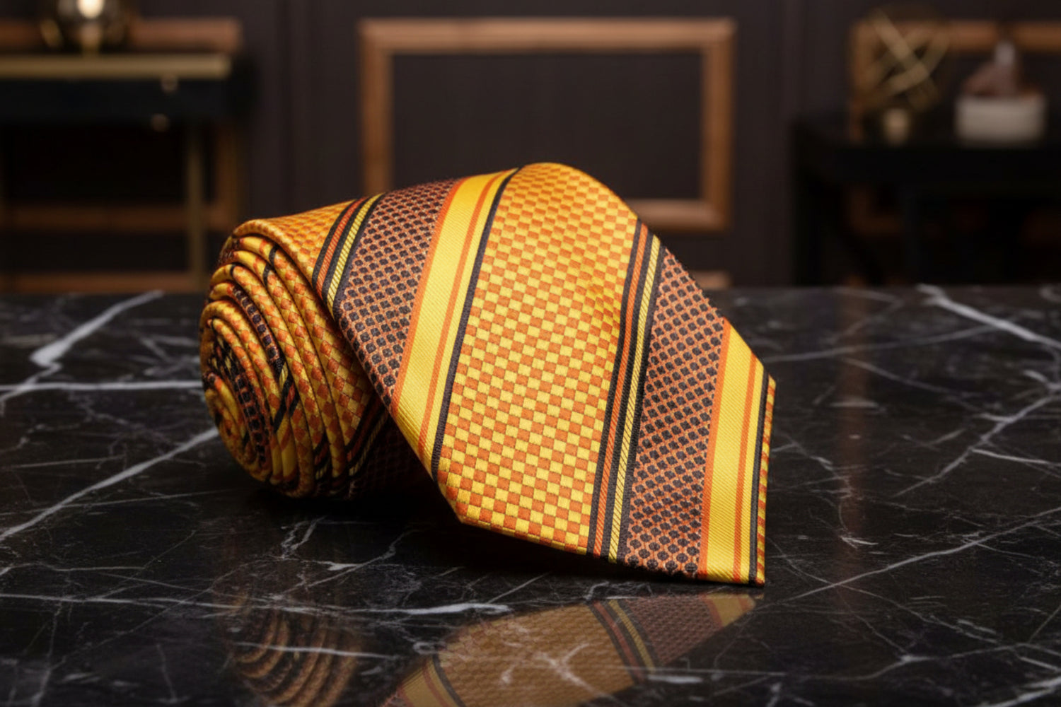 Yellow, orange Check tie  