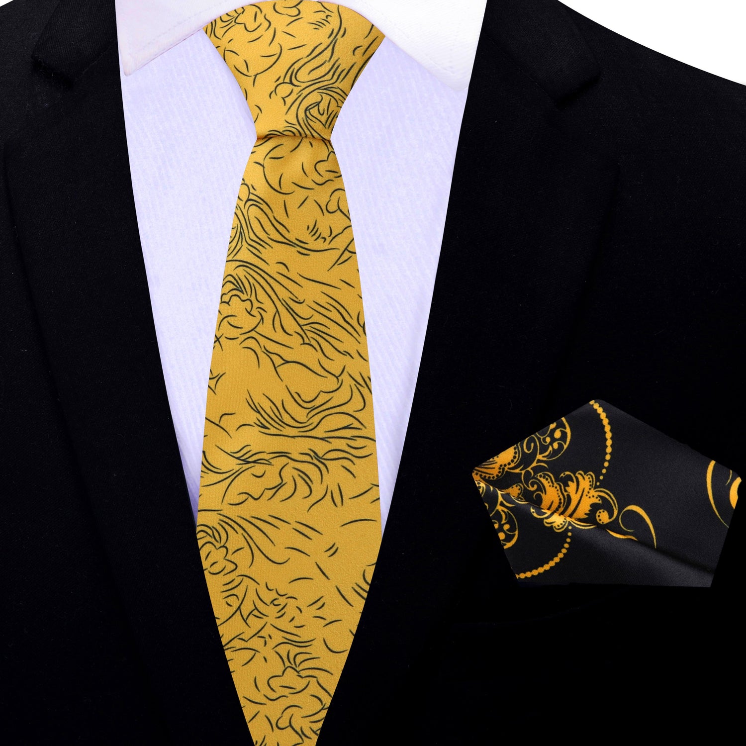 Thin Tie: Yellow, Black Abstract Lines Tie with Black Yellow Square
