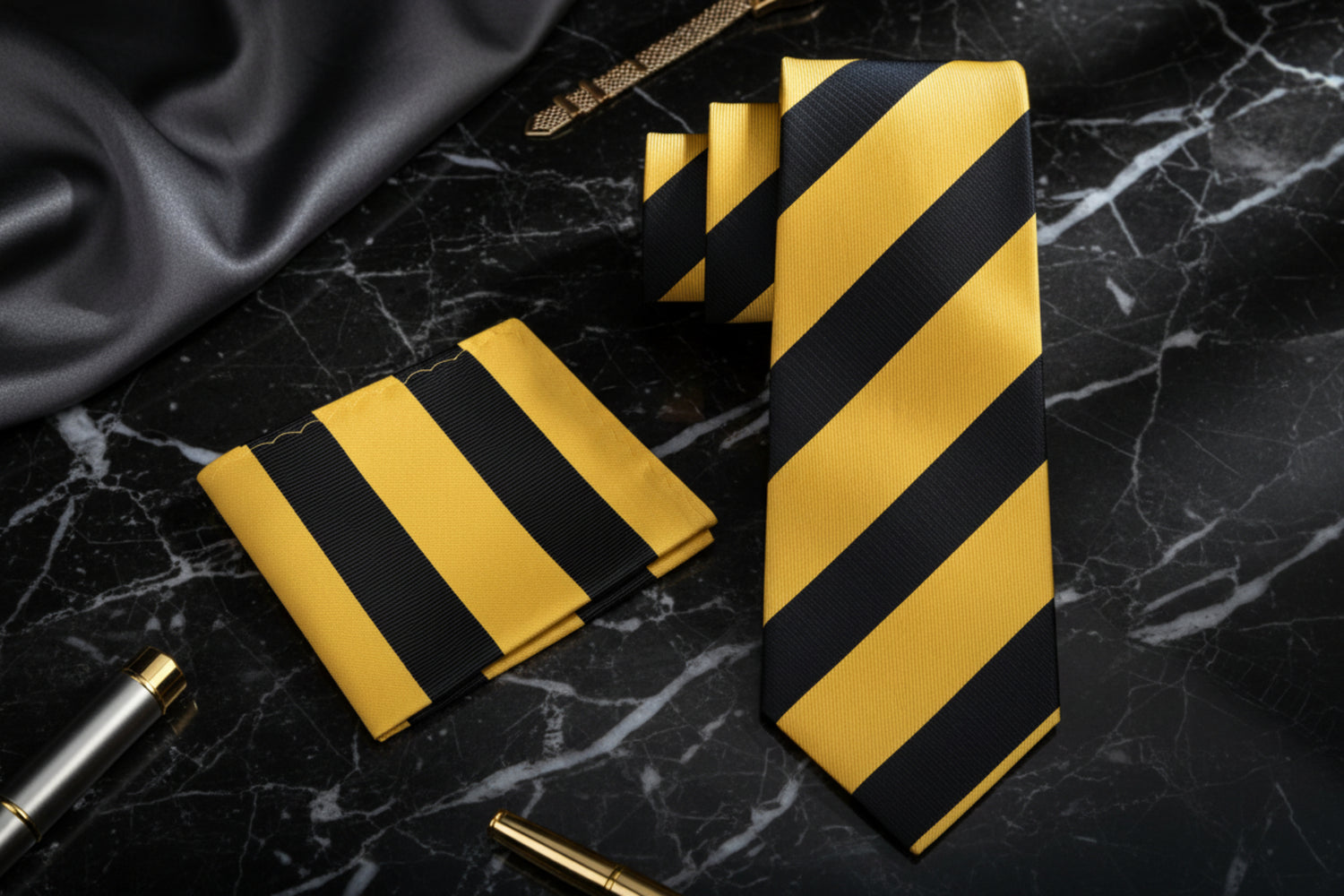 Alt View: A Yellow, Black Stripe Pattern Necktie, Matching Pocket Square