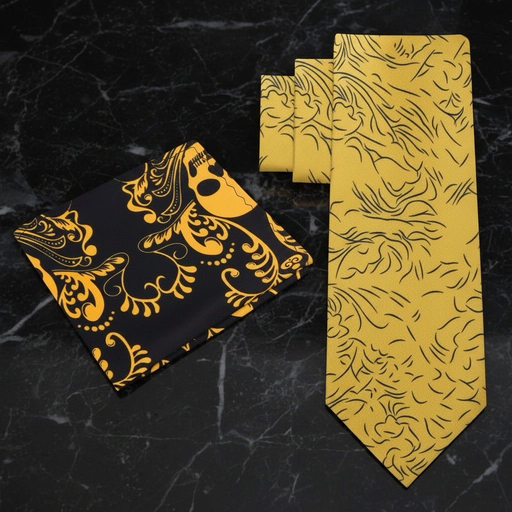 Alt View: Yellow, Black Abstract Lines Tie with Black Yellow Square