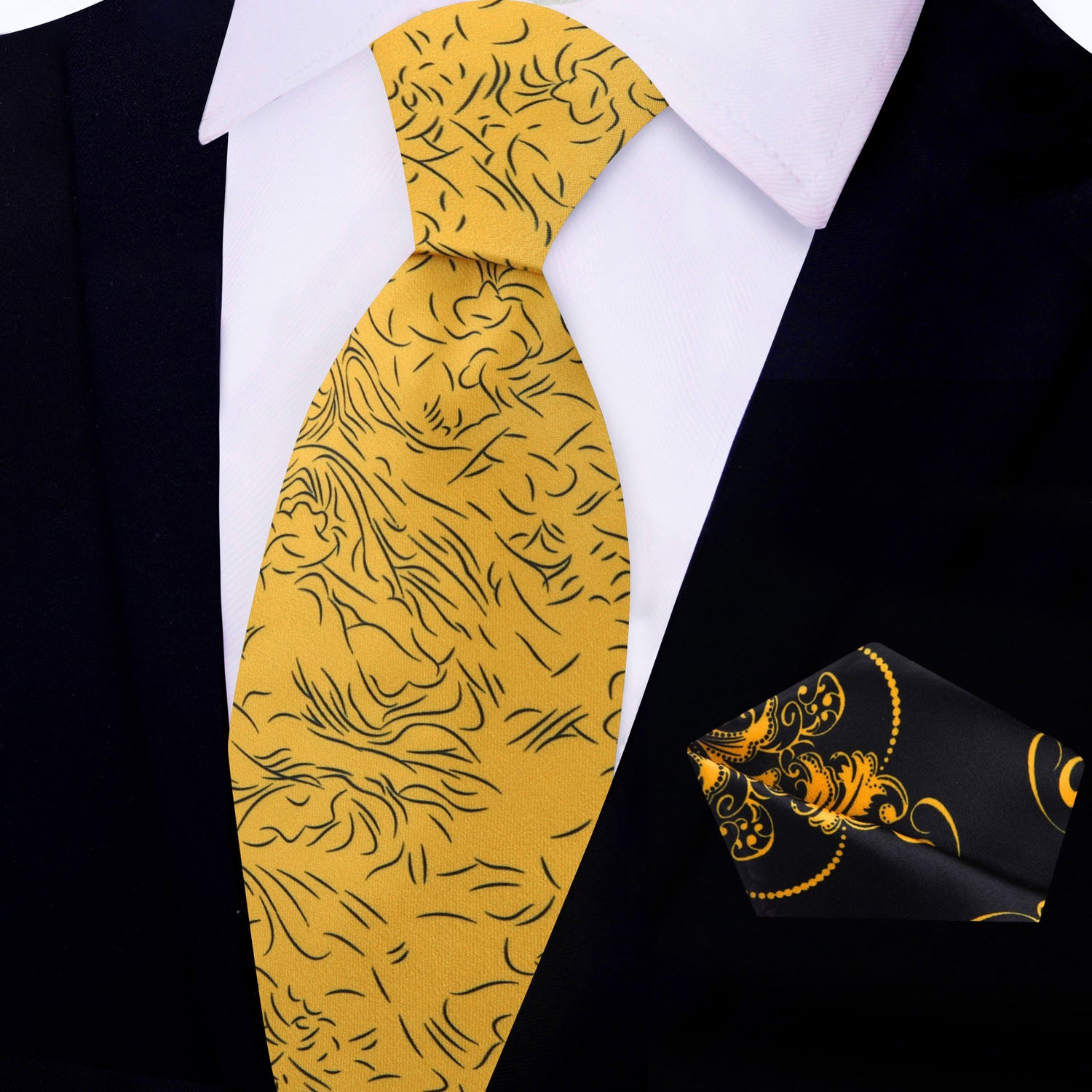 View 2: Yellow, Black Abstract Lines Tie with Black Yellow Square