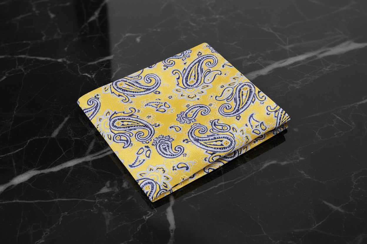 A Yellow, Black Paisley Pattern Pocket Square