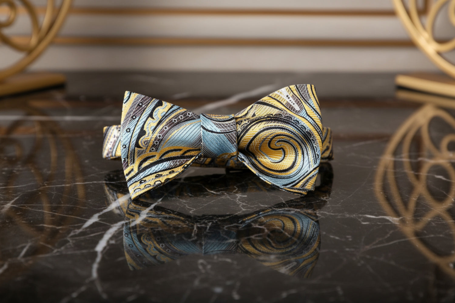 A Yellow, Light Blue Pattern Self Tie Bow Tie 