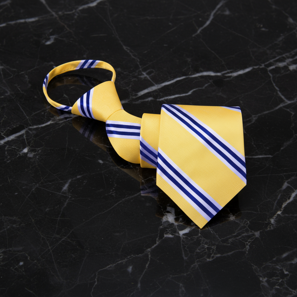 Zipper Tie View: A Light Yellow with White and Dark Blue Stripe Zipper Necktie