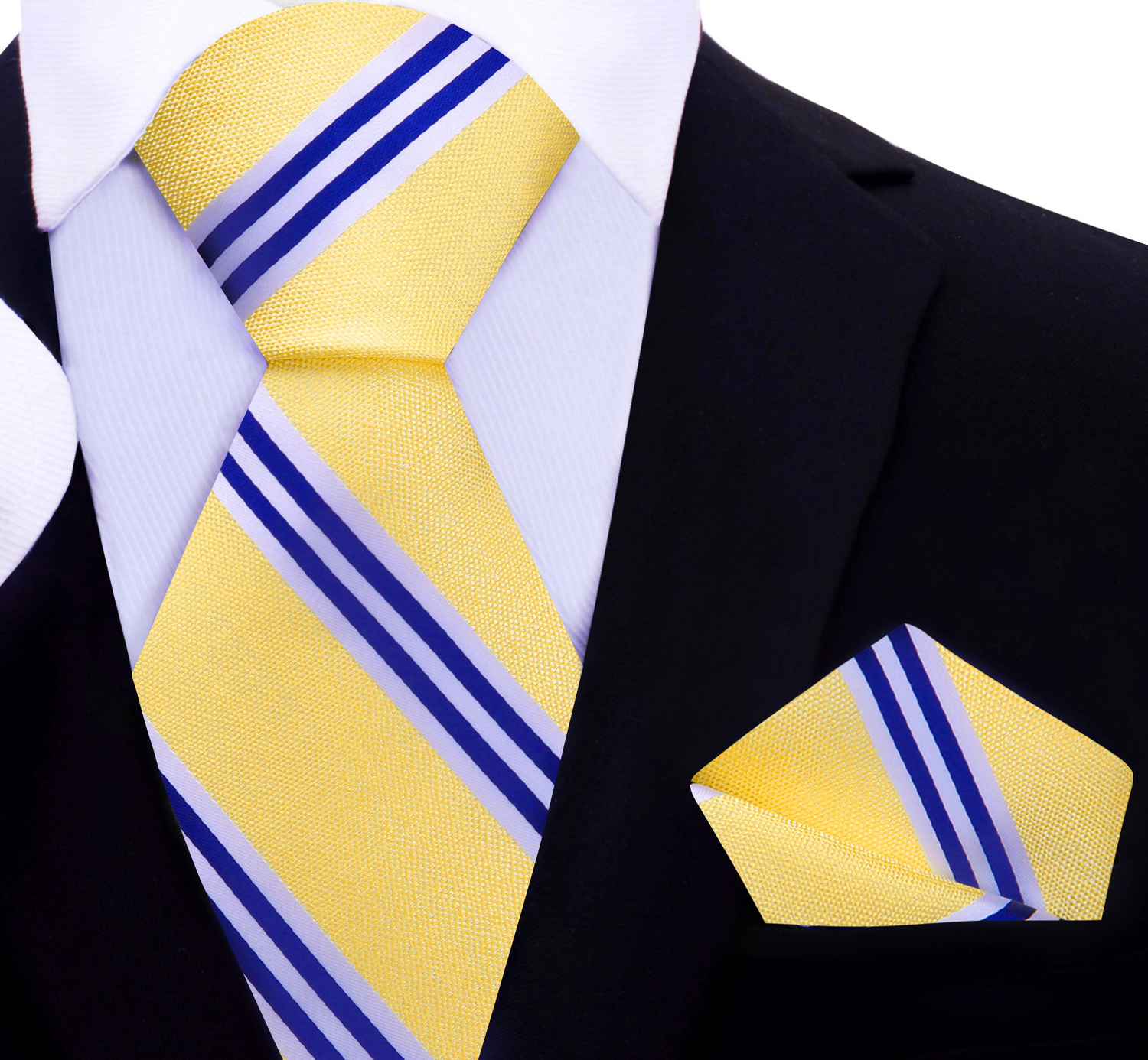 A Light Yellow with White and Dark Blue Stripe Necktie