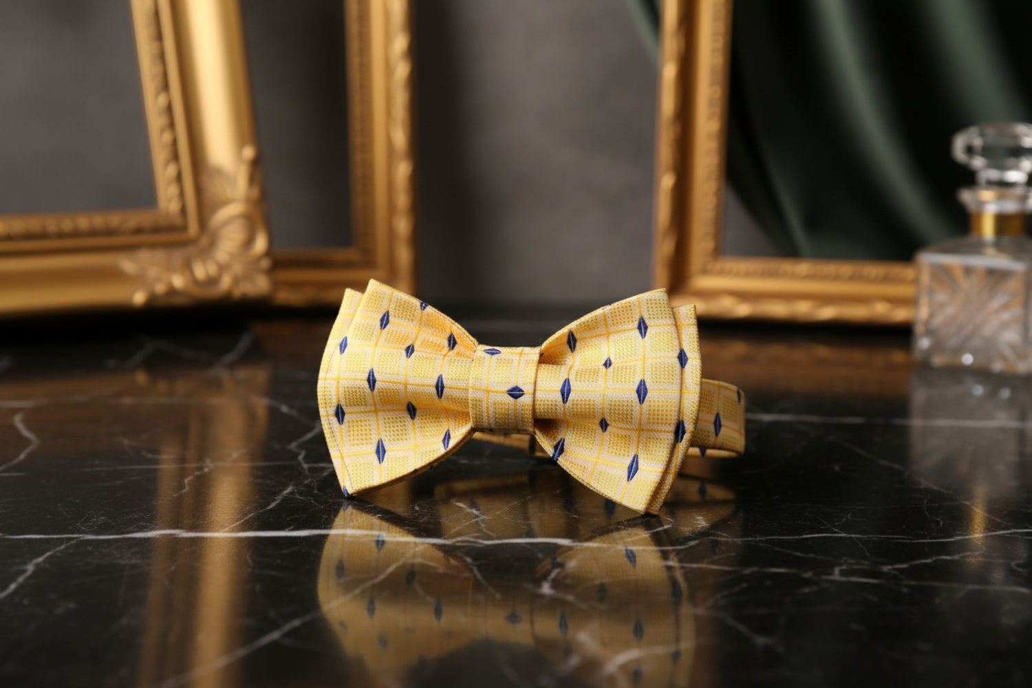 A Yellow, Blue Geometric Check Pattern Pre Tied Bow Tie