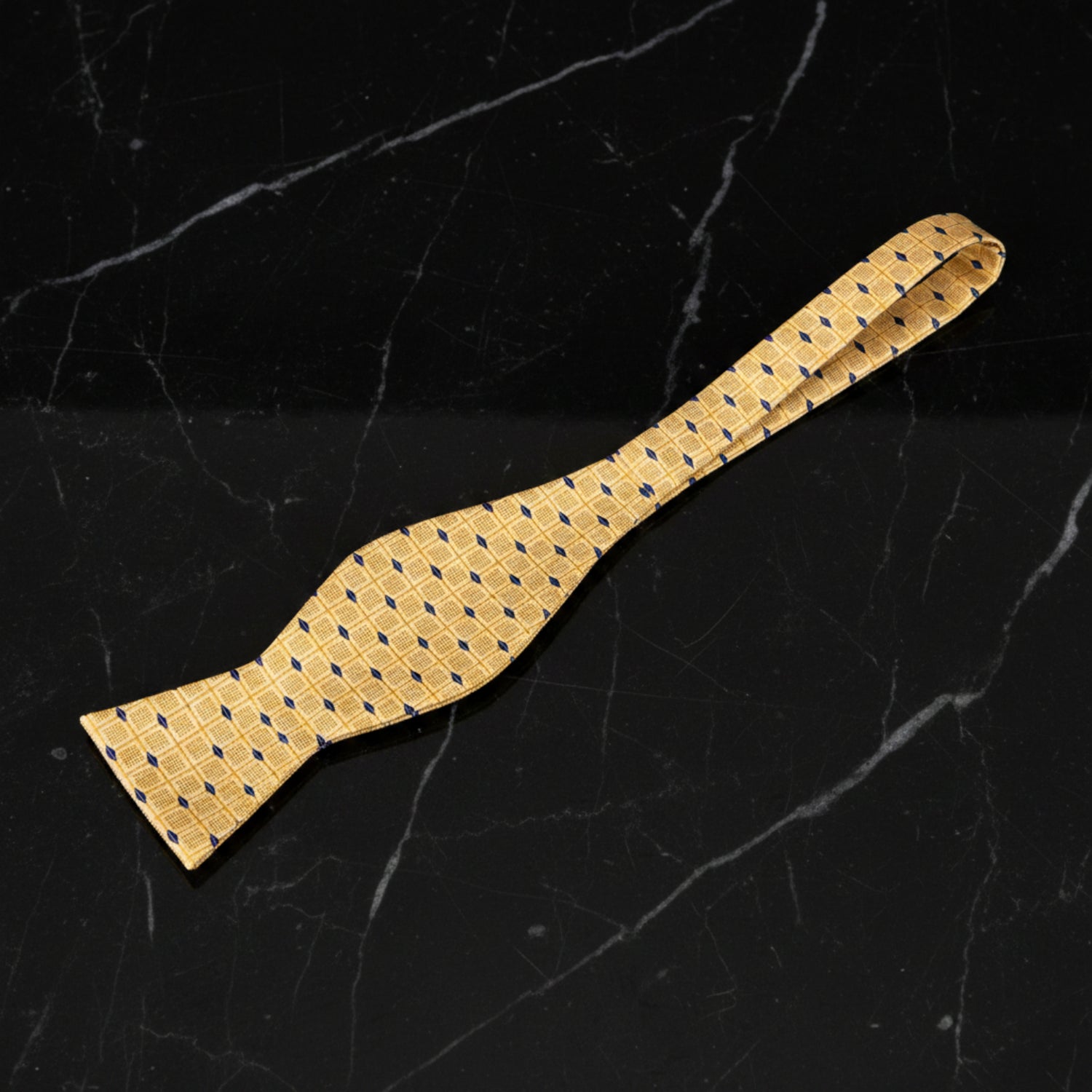 View 2: A Yellow, Blue Geometric Check Pattern Self Tie Bow Tie