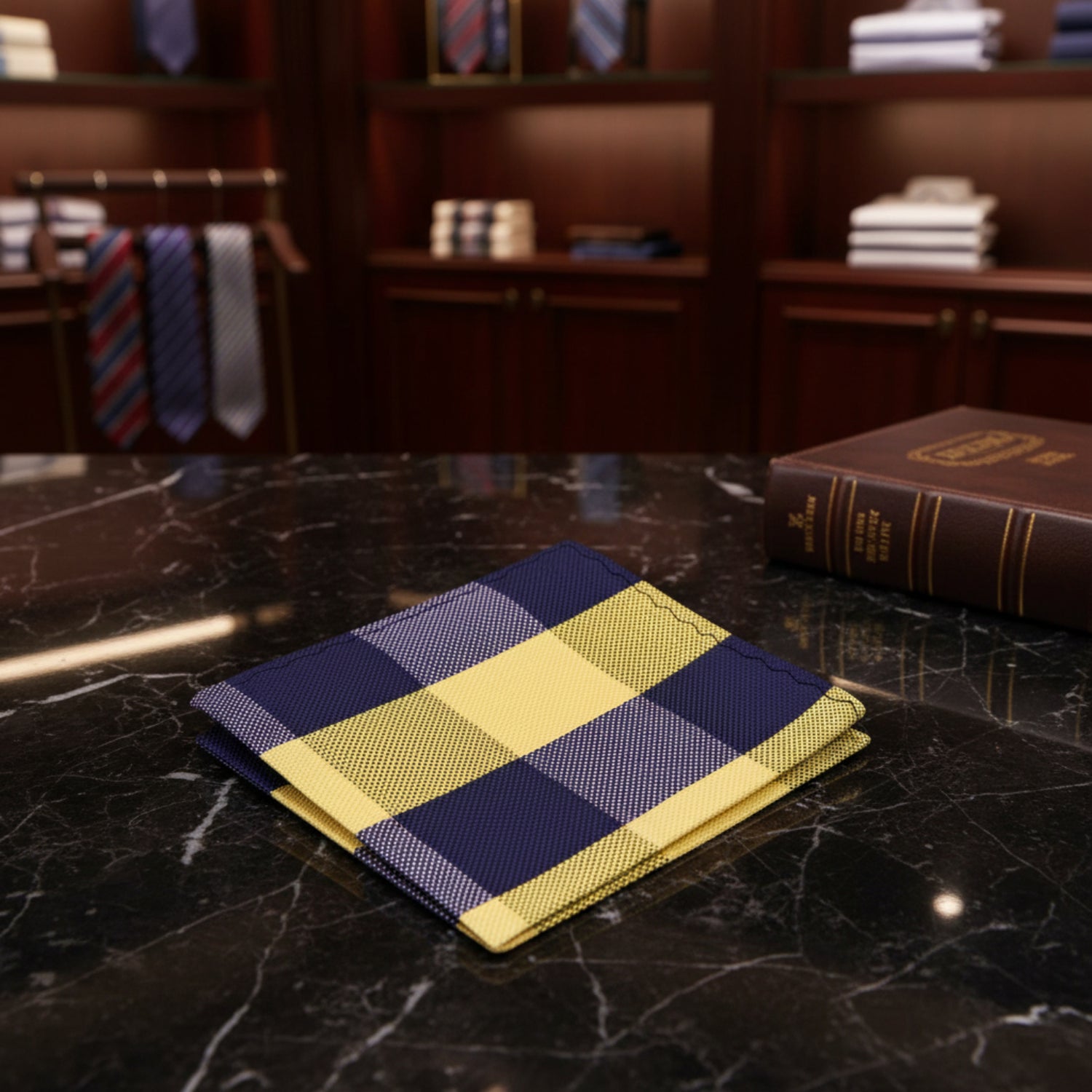 A Yellow, Blue Plaid Pattern Silk Pocket Square