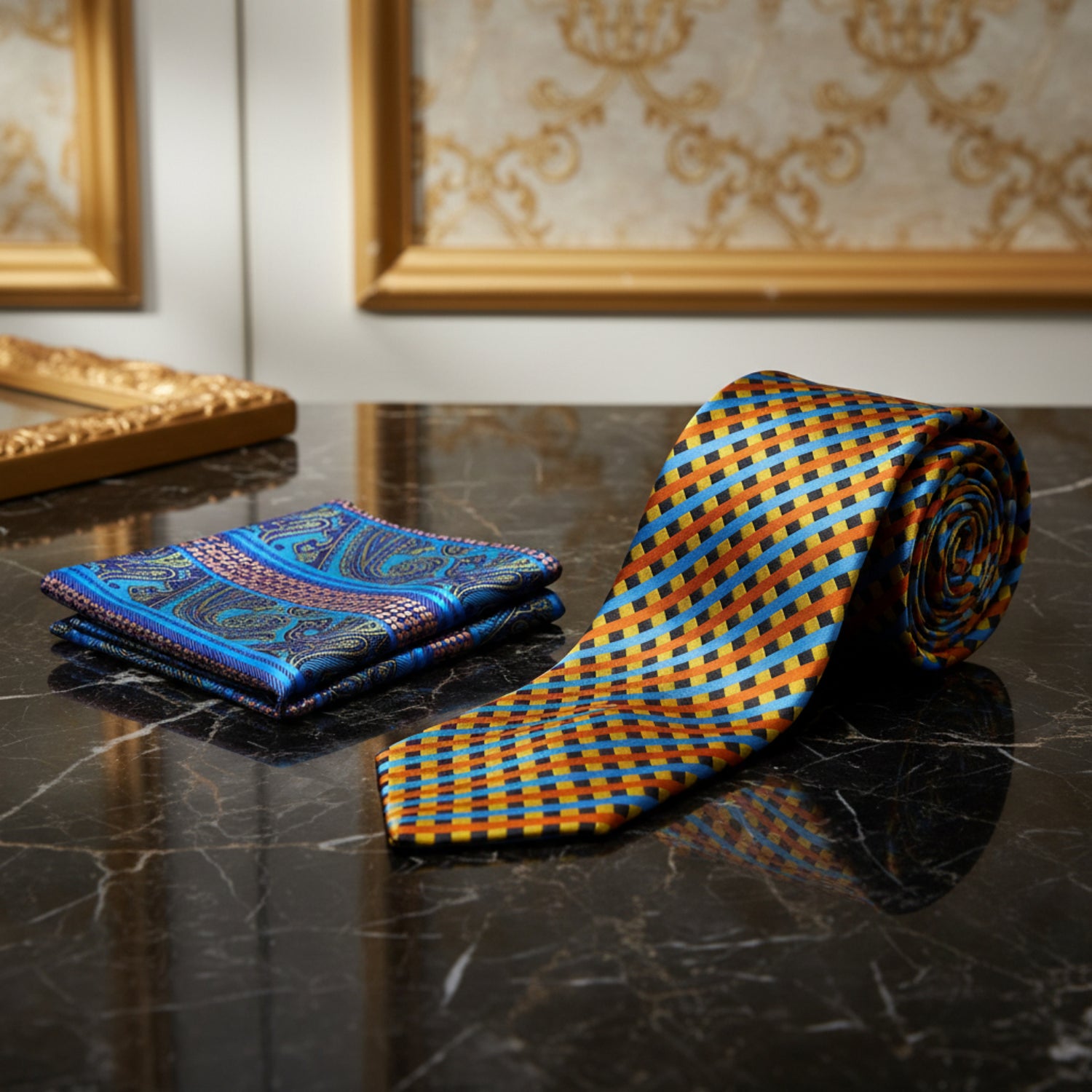 Alt View: Yellow, Orange, Blue Plaid Tie and Accenting Square