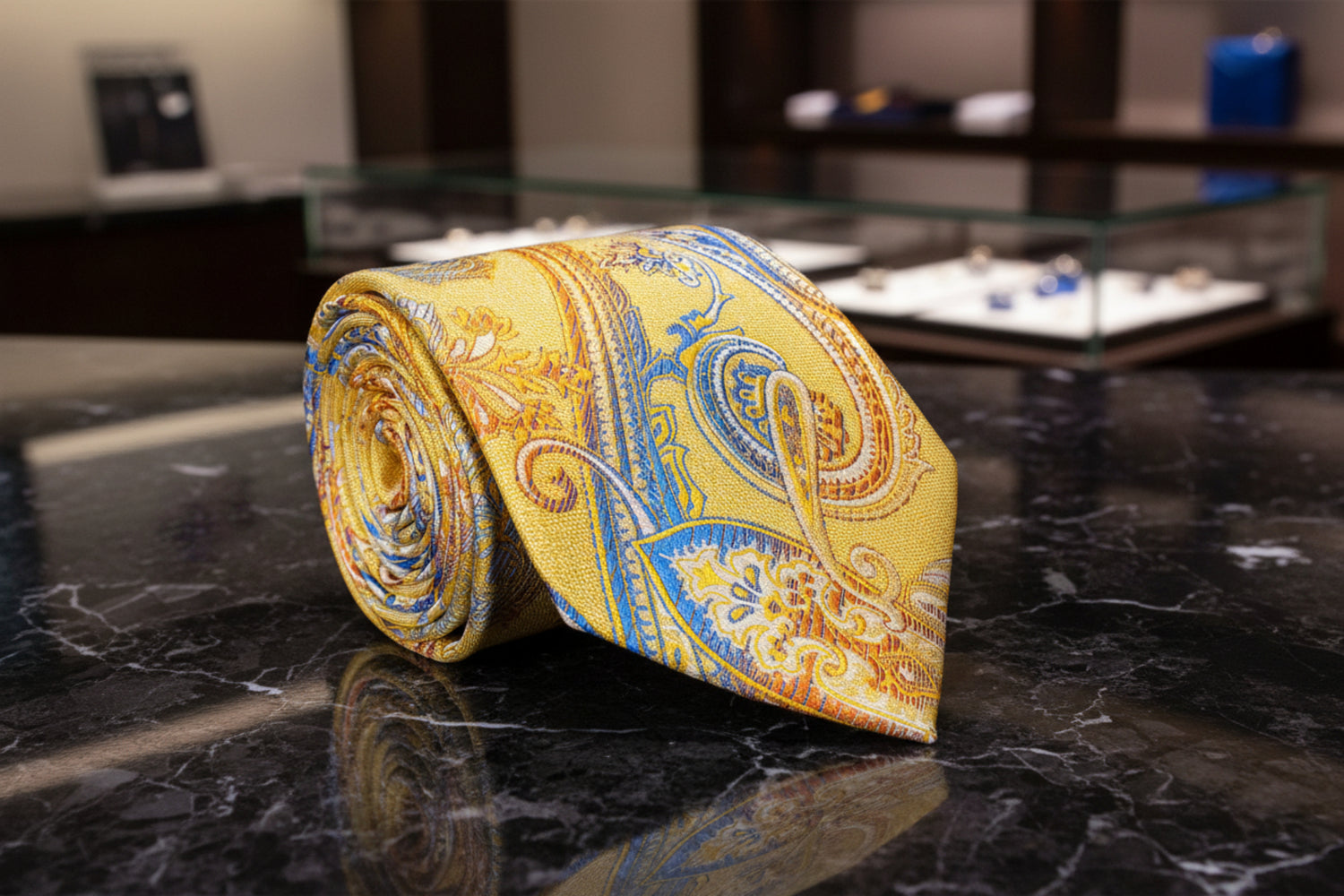 A Yellow, Orange, Blue Paisley Pattern Silk Necktie
