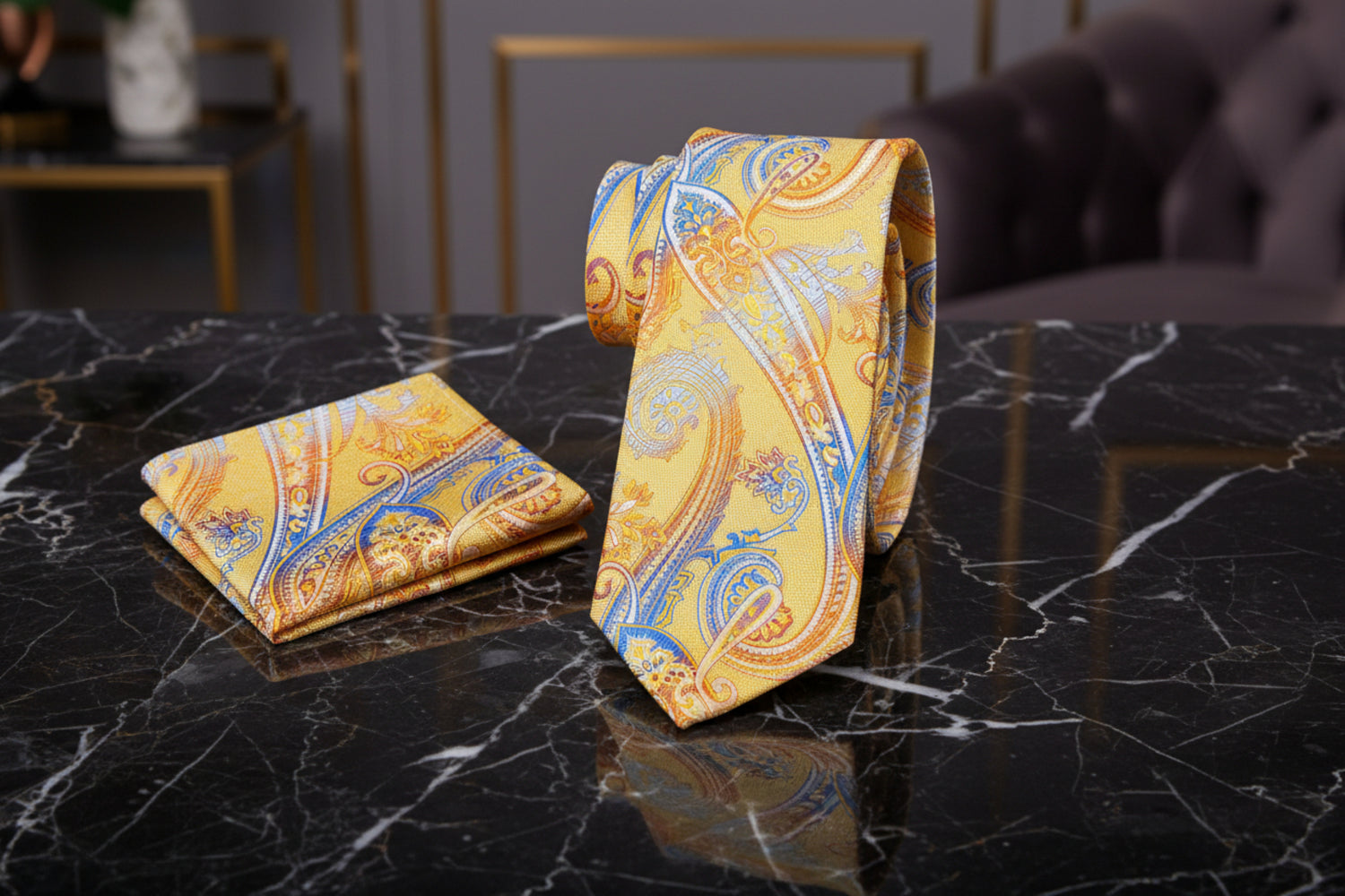 Alt View: A Yellow, Orange, Blue Paisley Pattern Necktie, Matching Pocket Square 