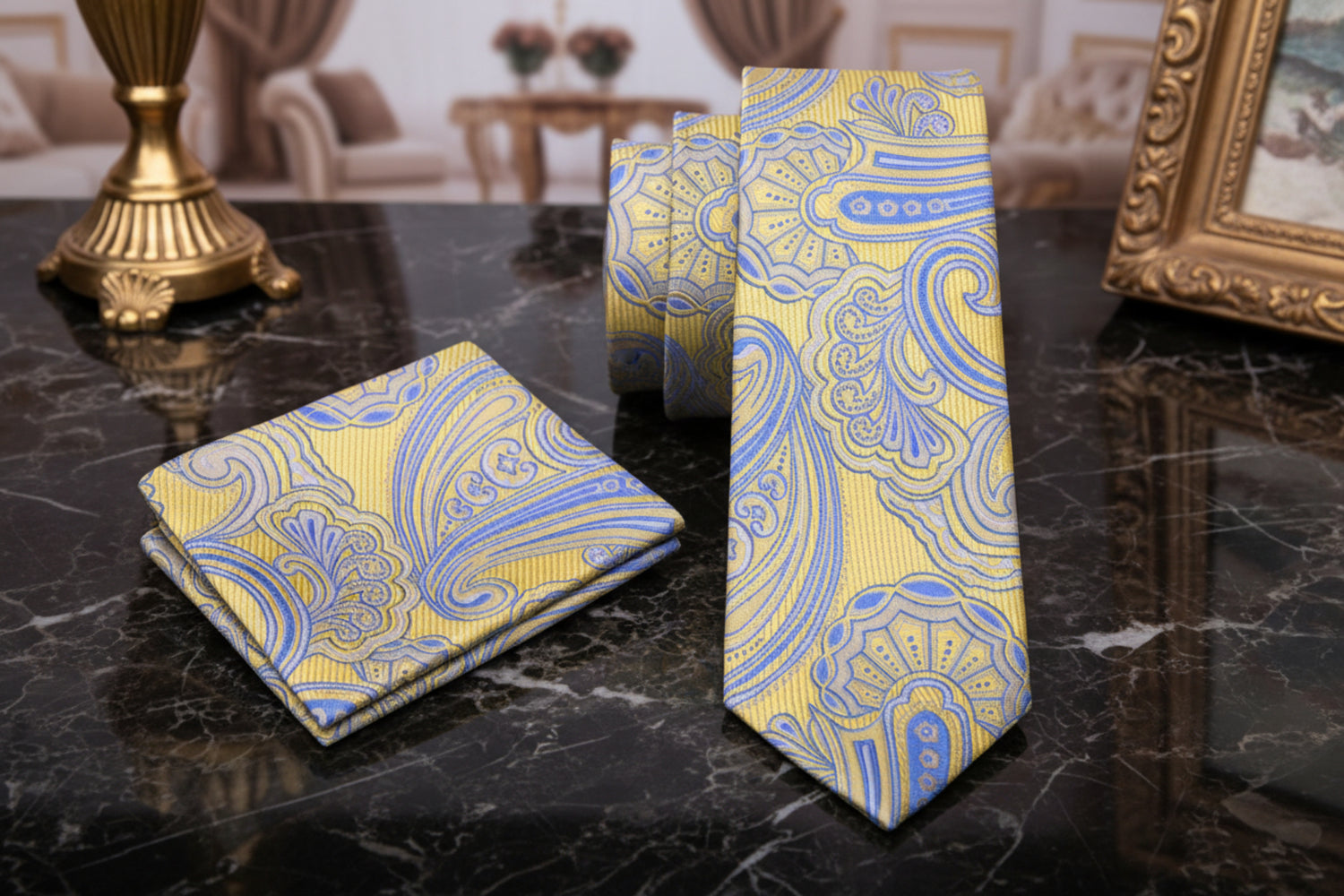 Alt view: A Yellow and Blue Paisley Tie and Pocket Square