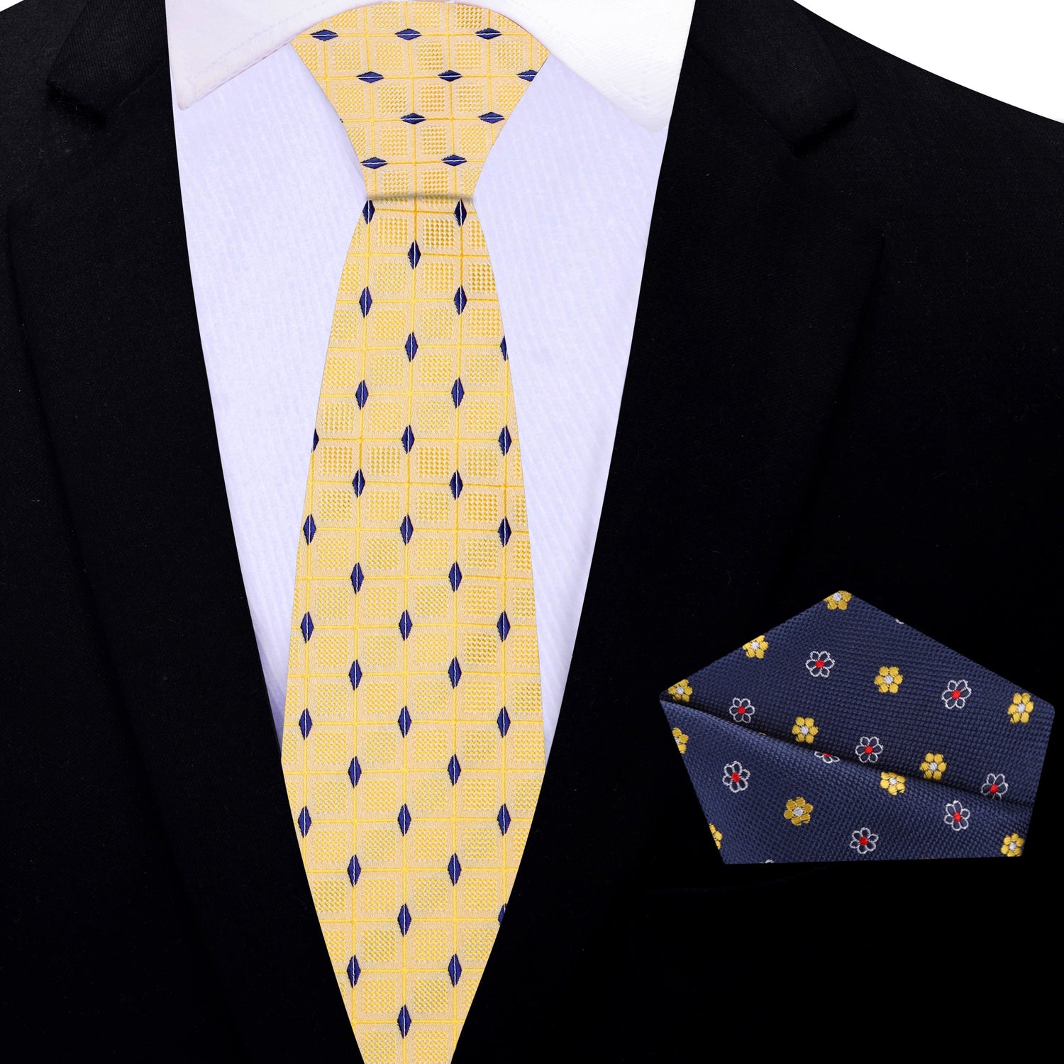 Yellow and Blue Diamonds Thin Tie and Accenting Square
