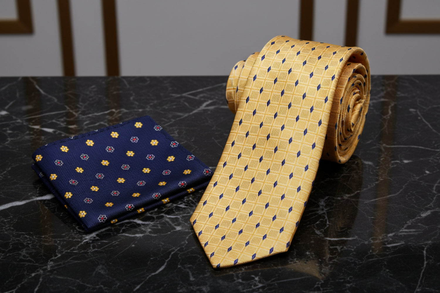 Yellow and Blue Diamonds Necktie  and Accenting Square