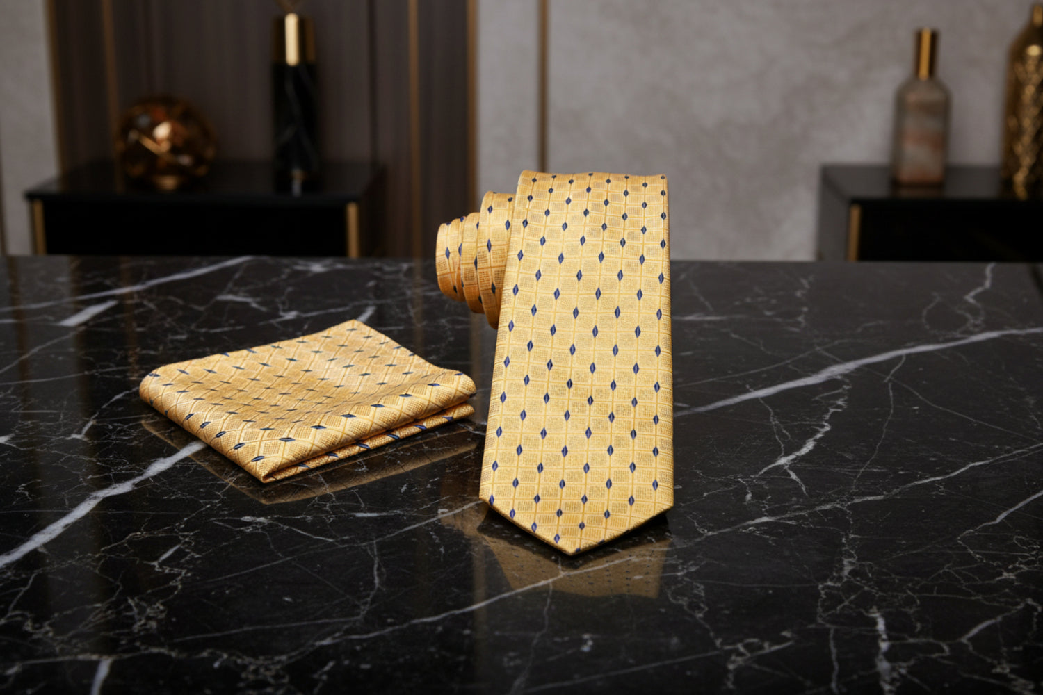 Alt View: Yellow and Blue Geometric Tie and Pocket Square