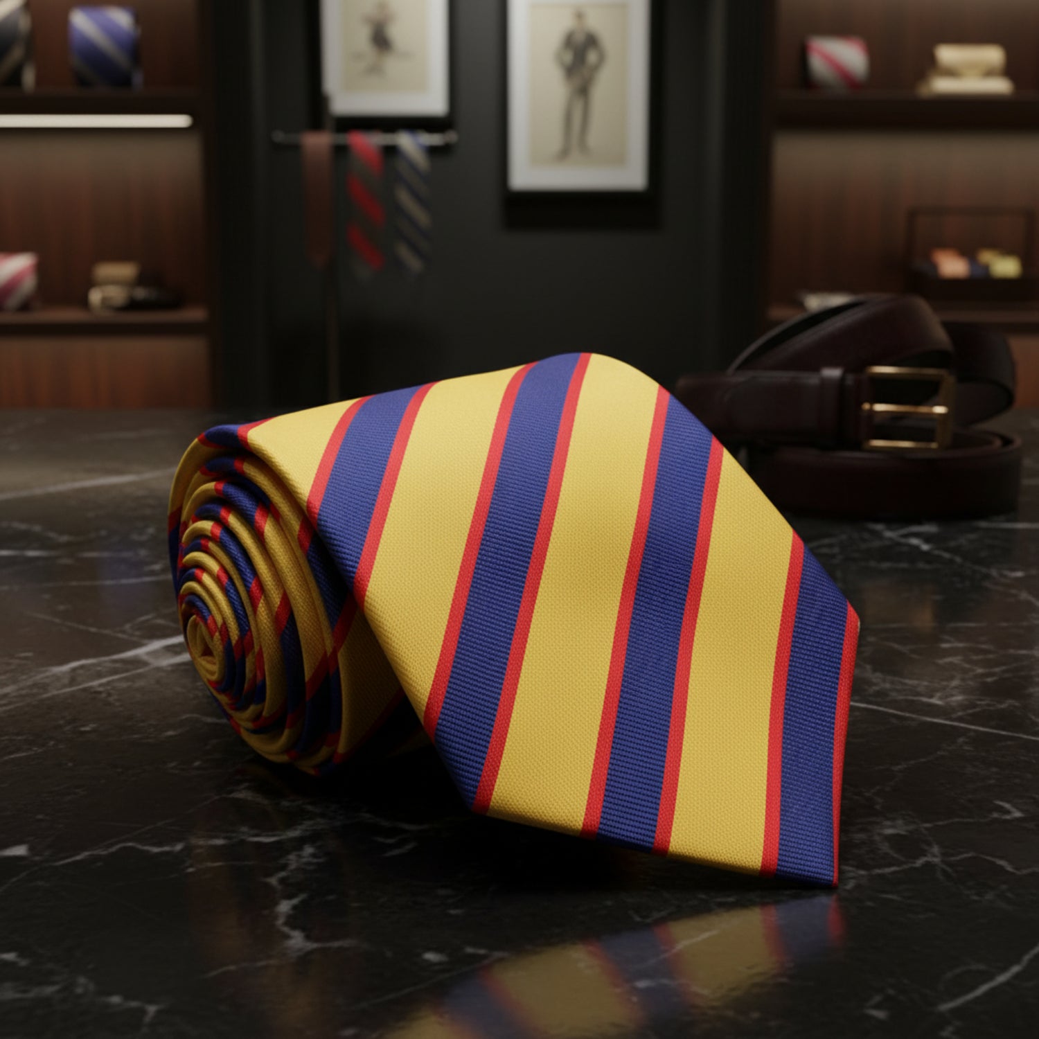 A Dark Blue, Yellow, Red Stripe Pattern Necktie