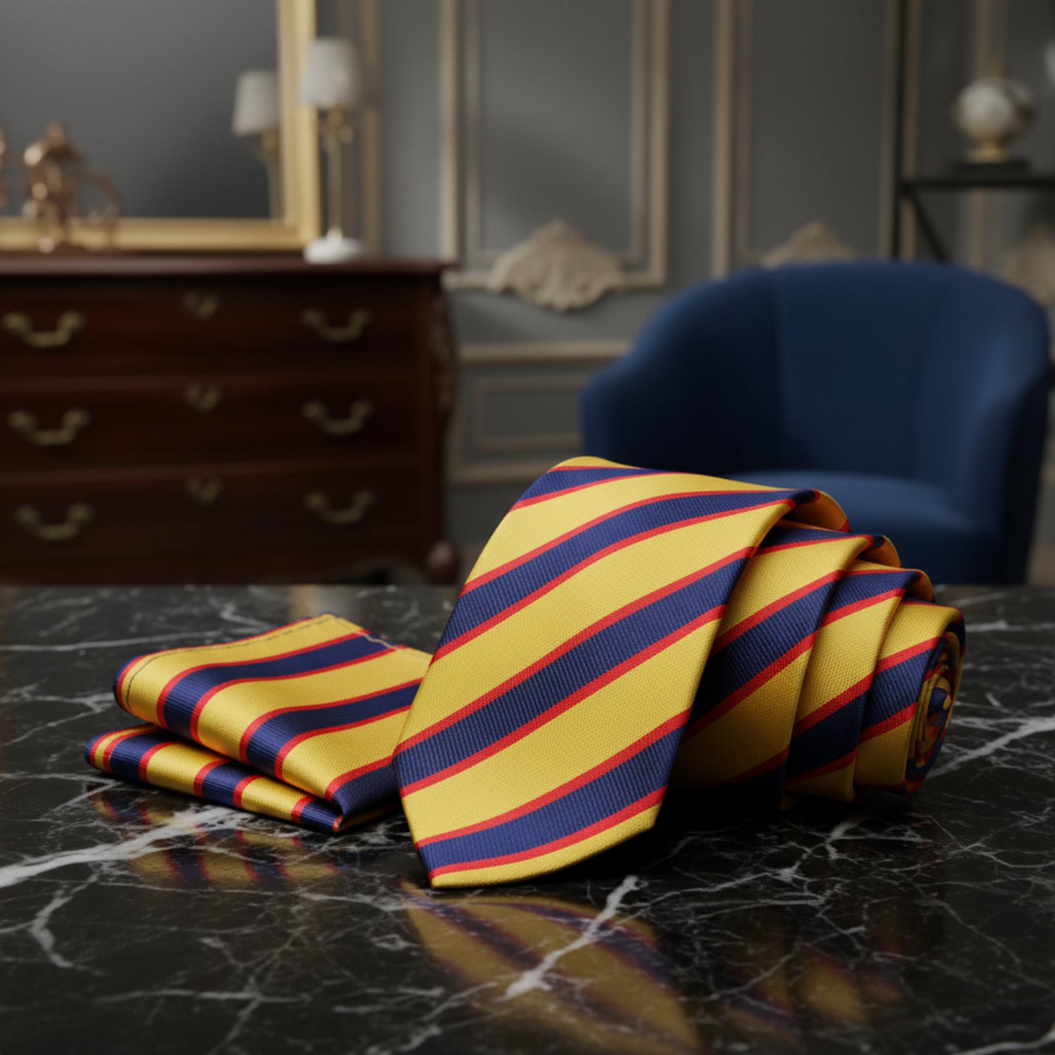Alt View: A Dark Blue, Yellow, Red Stripe Pattern Necktie, With Matching Pocket Square
