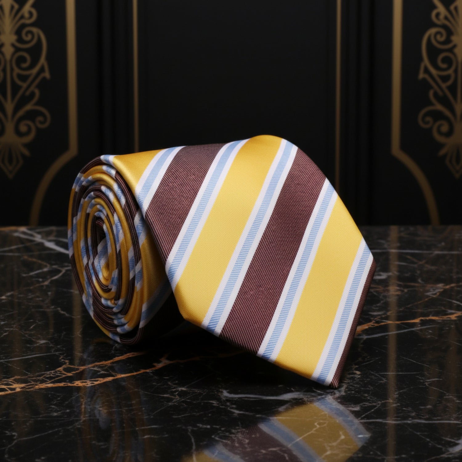 Yellow, Brown, Light Blue Stripe Tie 
