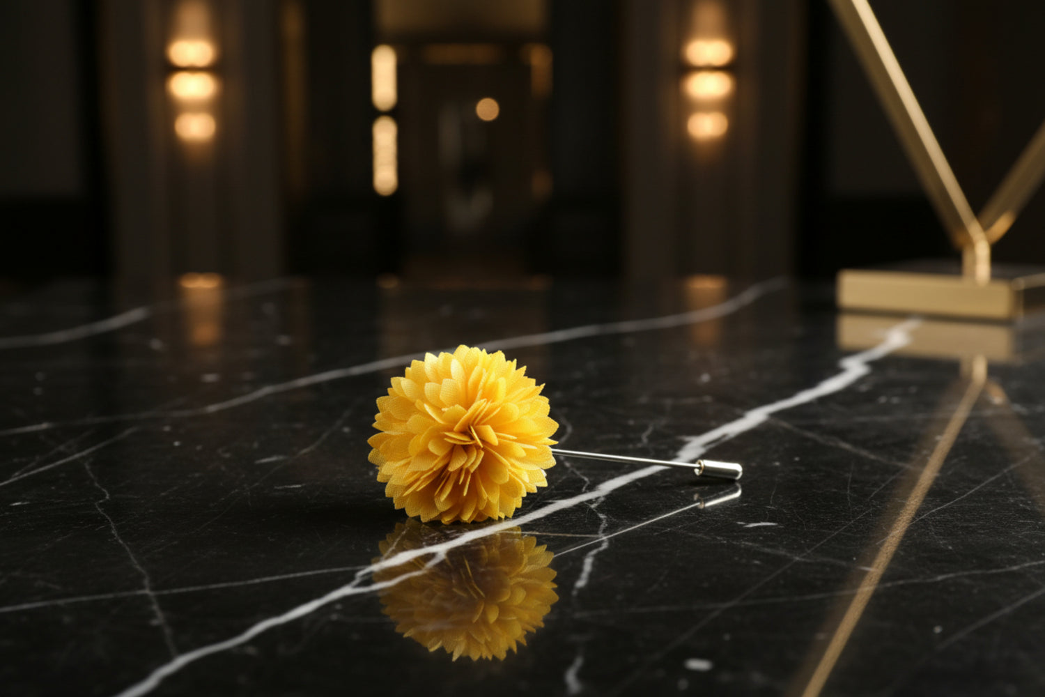 Main View: A Solid Yellow Colored Thin Petal Lapel Flower Burst