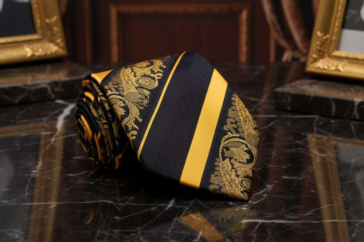 Black, Yellow Intricate Paisley Tie