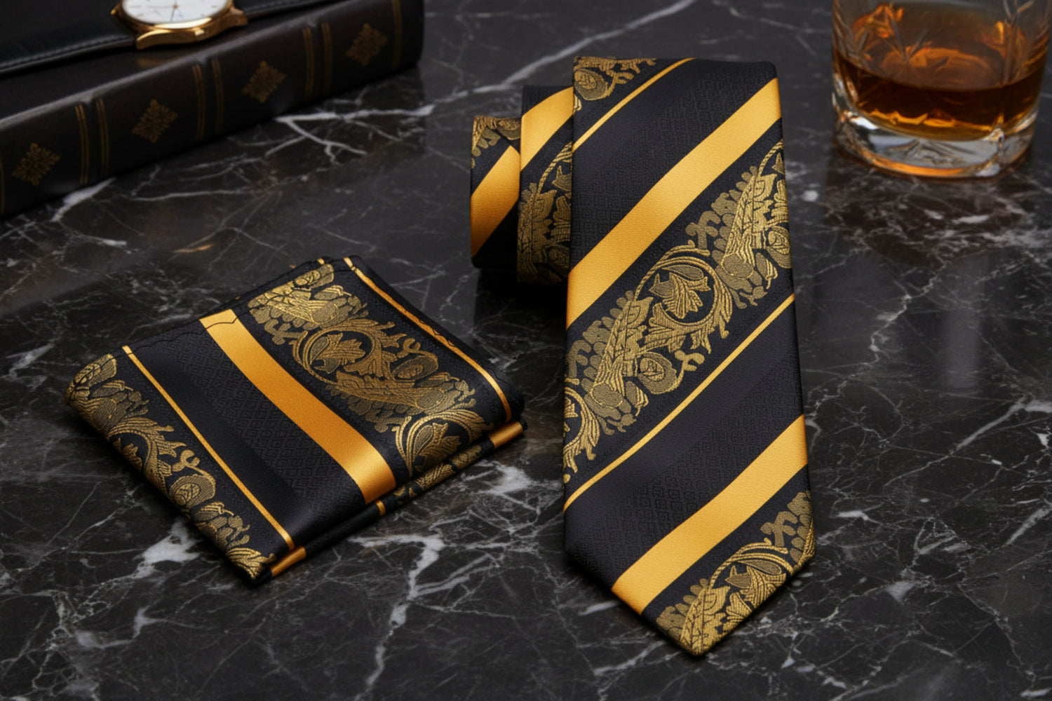 Alt View: Black, Yellow Intricate Paisley Tie and Pocket Square