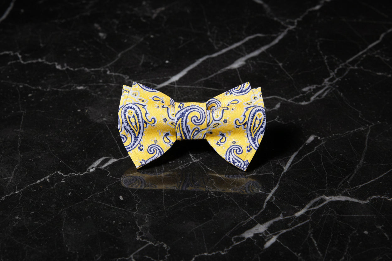 A Yellow, Light Blue, Black Paisley Pattern Self Tie Bow Tie, 