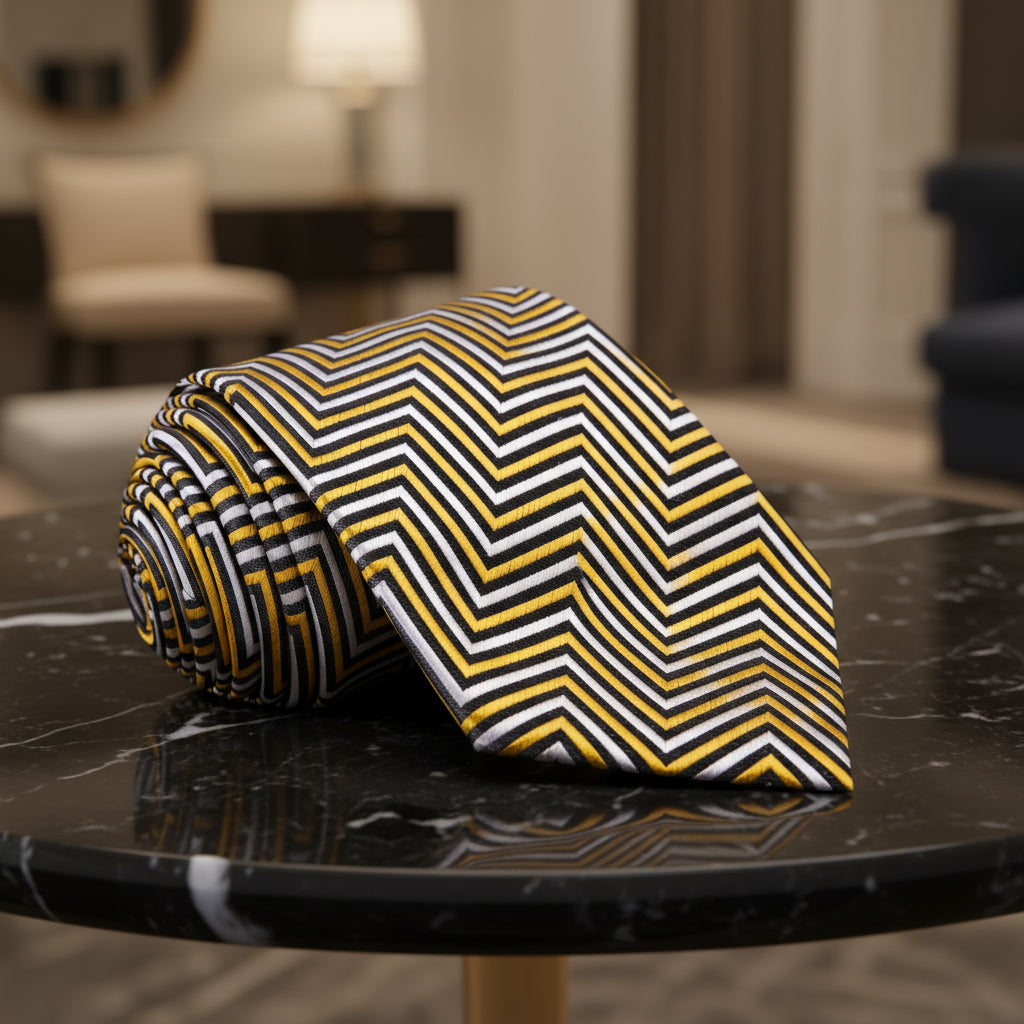 A Yellow, Black, White Geometric Pattern Necktie 