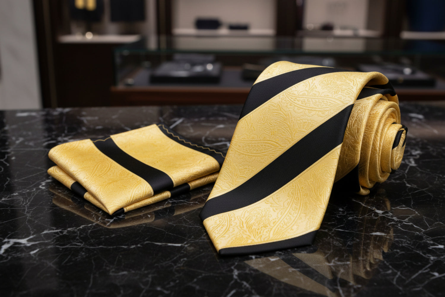 View 2; gold, black paisley tie and square