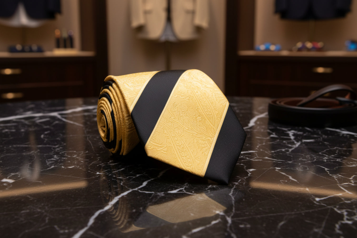 gold, black paisley tie 
