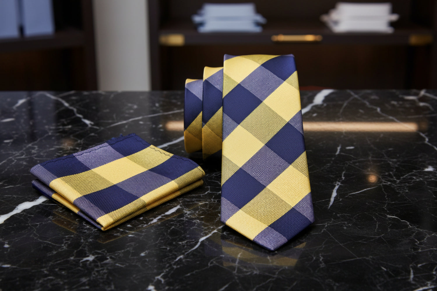 Alt View: A Navy, Yellow Plaid Pattern Necktie, Matching Pocket Square