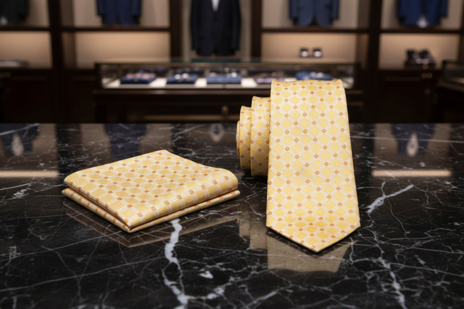 Alt View: A Yellow Gold, Amber Geometric Diamond With Small Check Pattern Necktie, Matching Pocket Square