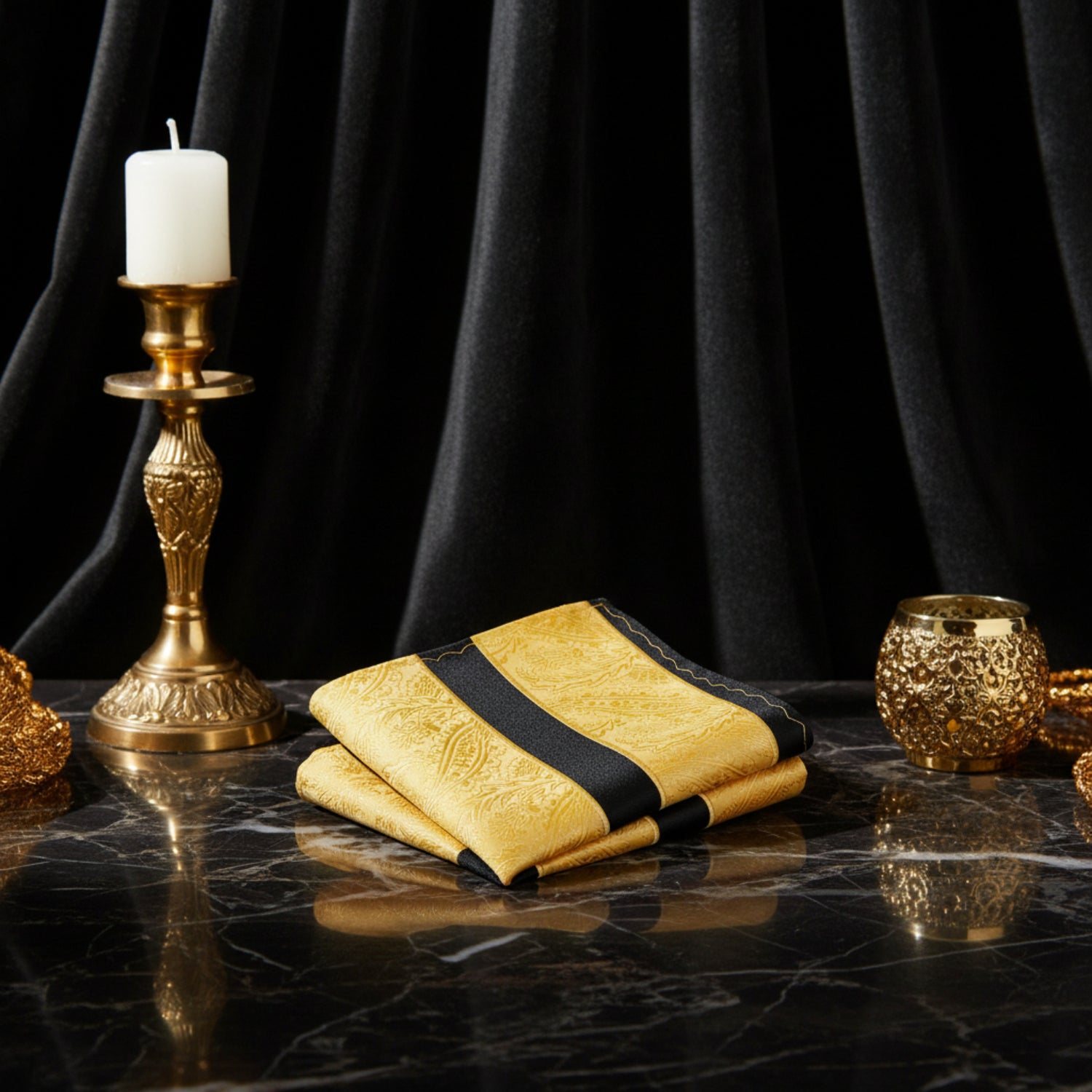 A Bright Gold, Black Color Paisley and Stripe Pattern Pocket Square