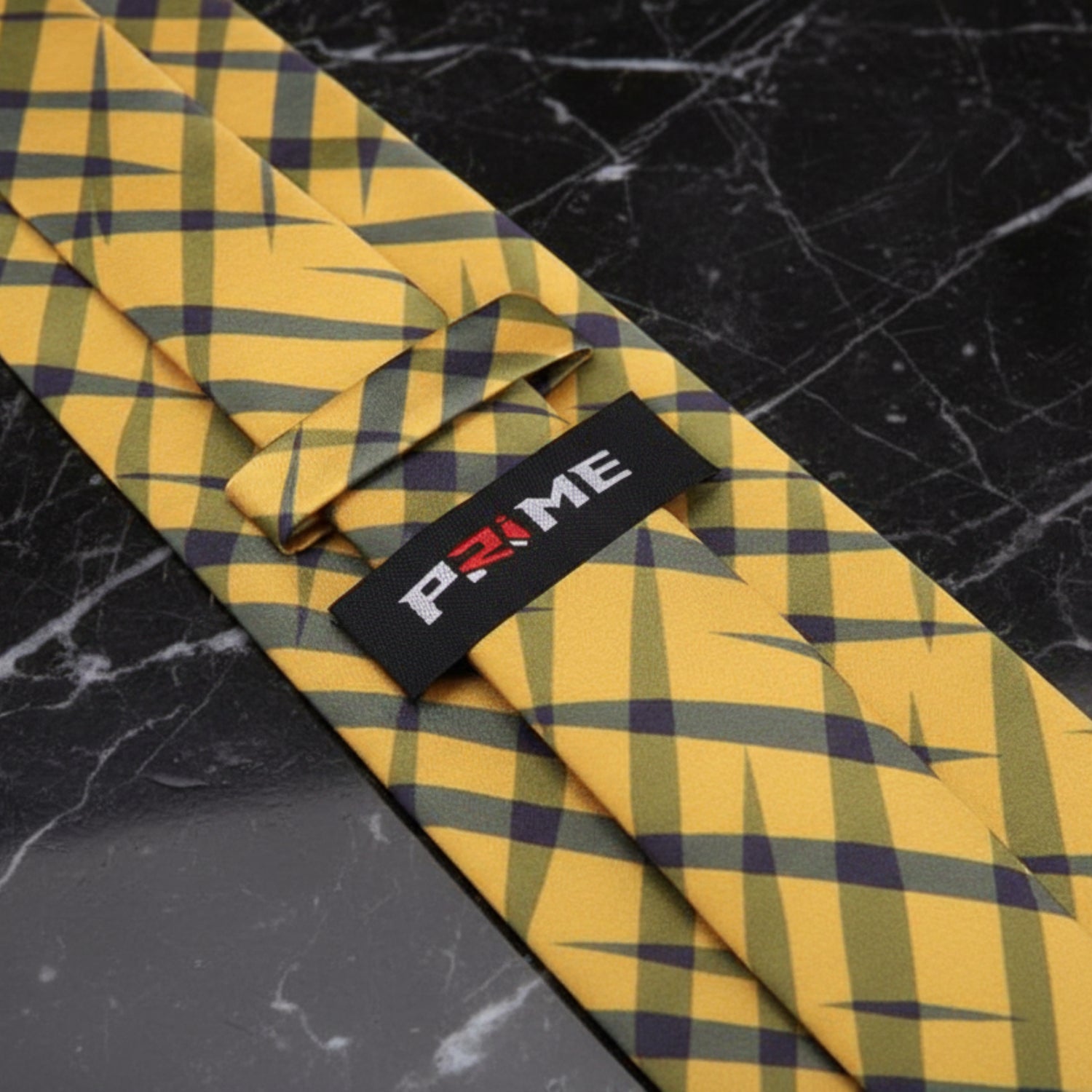 Solar Yellow with Grey Plaid Tie Showing PRIME Logo