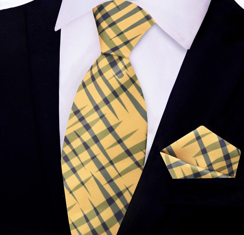 Solar Yellow with Grey Plaid Tie and Pocket Square