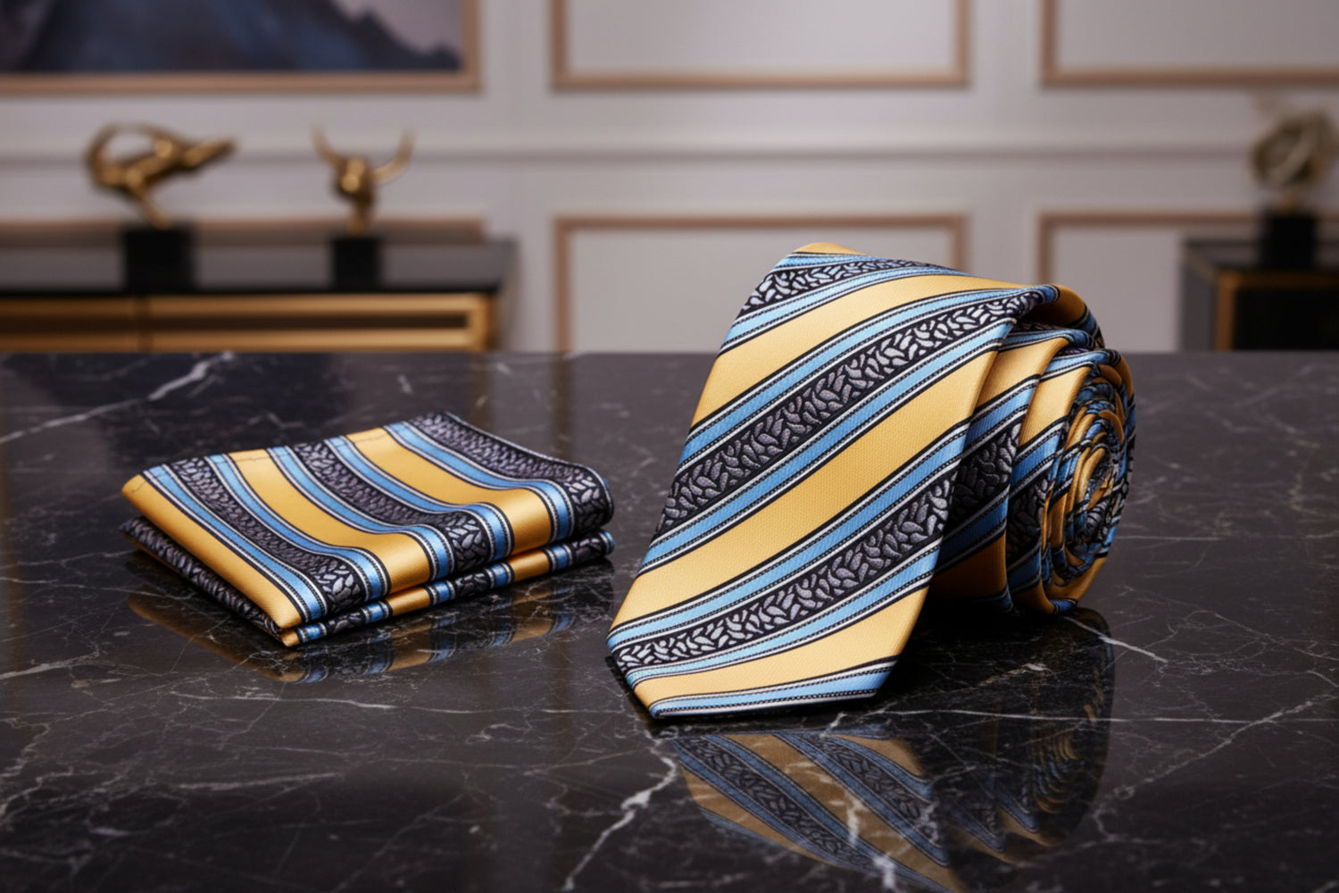Alt View: Yellow, Grey and Light Blue Stripe Tie and pocket Square