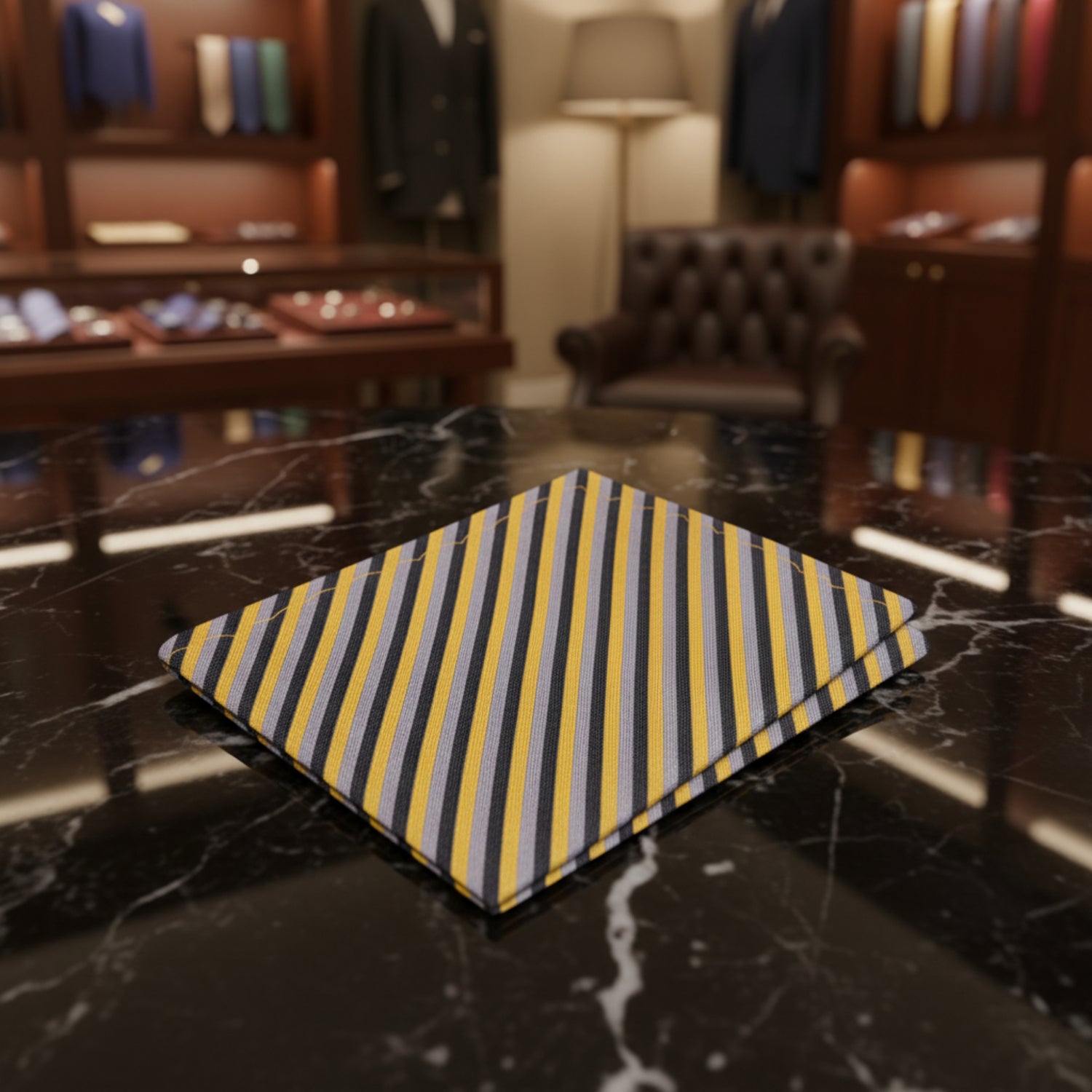 Yellow Gold, Black, Grey Stripe Pocket Square