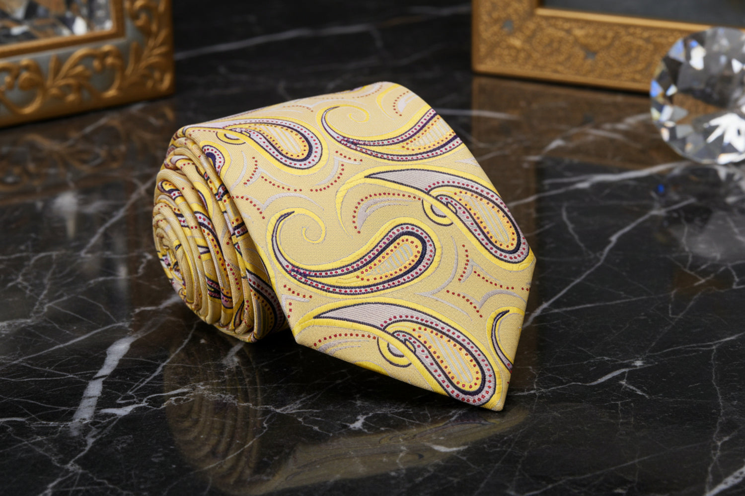 A Light Gold, Yellow, Ruby Paisley Pattern Necktie 