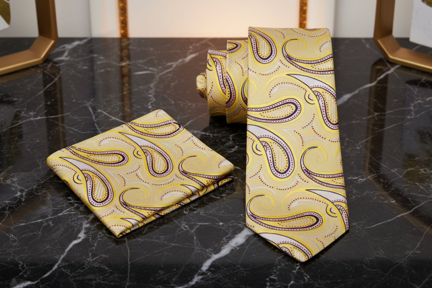 Alt View: A Light Gold, Yellow, Ruby Paisley Pattern Necktie, With Matching Pocket Square