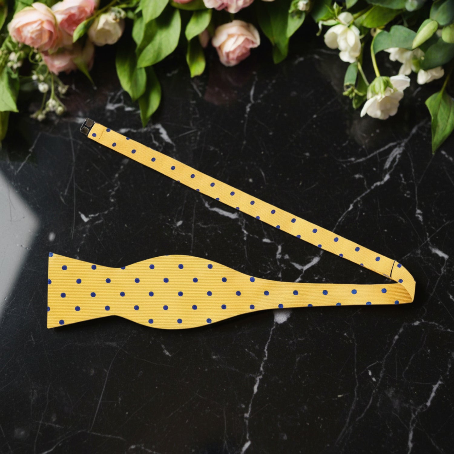 Self Tie: Yellow with Blue Polka Bow Tie