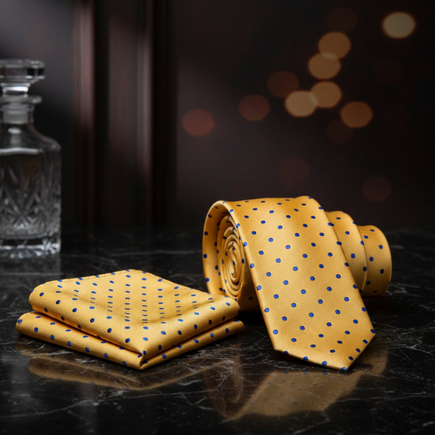 Alt View: A Yellow, Purple Small Polka Dots Pattern Necktie, Matching Pocket Square