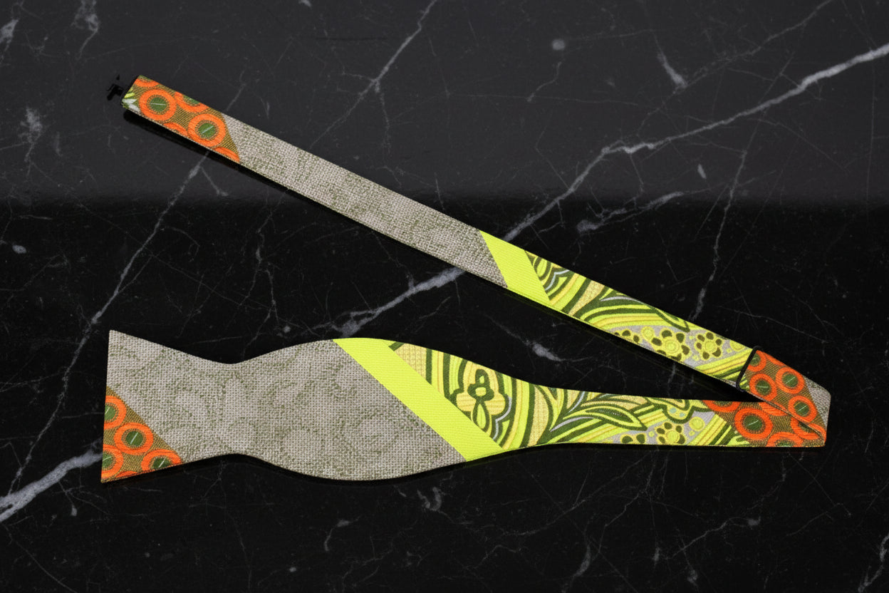A Yellow, Orange Abstract Waves, Paisley, Dot Pattern Self Tie Bow Tie Untied