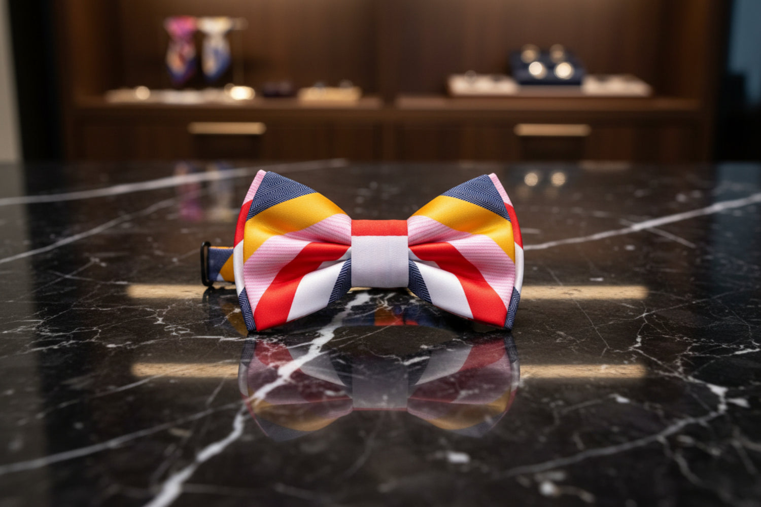 A Pink, Grey, Red, Yellow Stripe Pattern Self Tie Bow Tie 