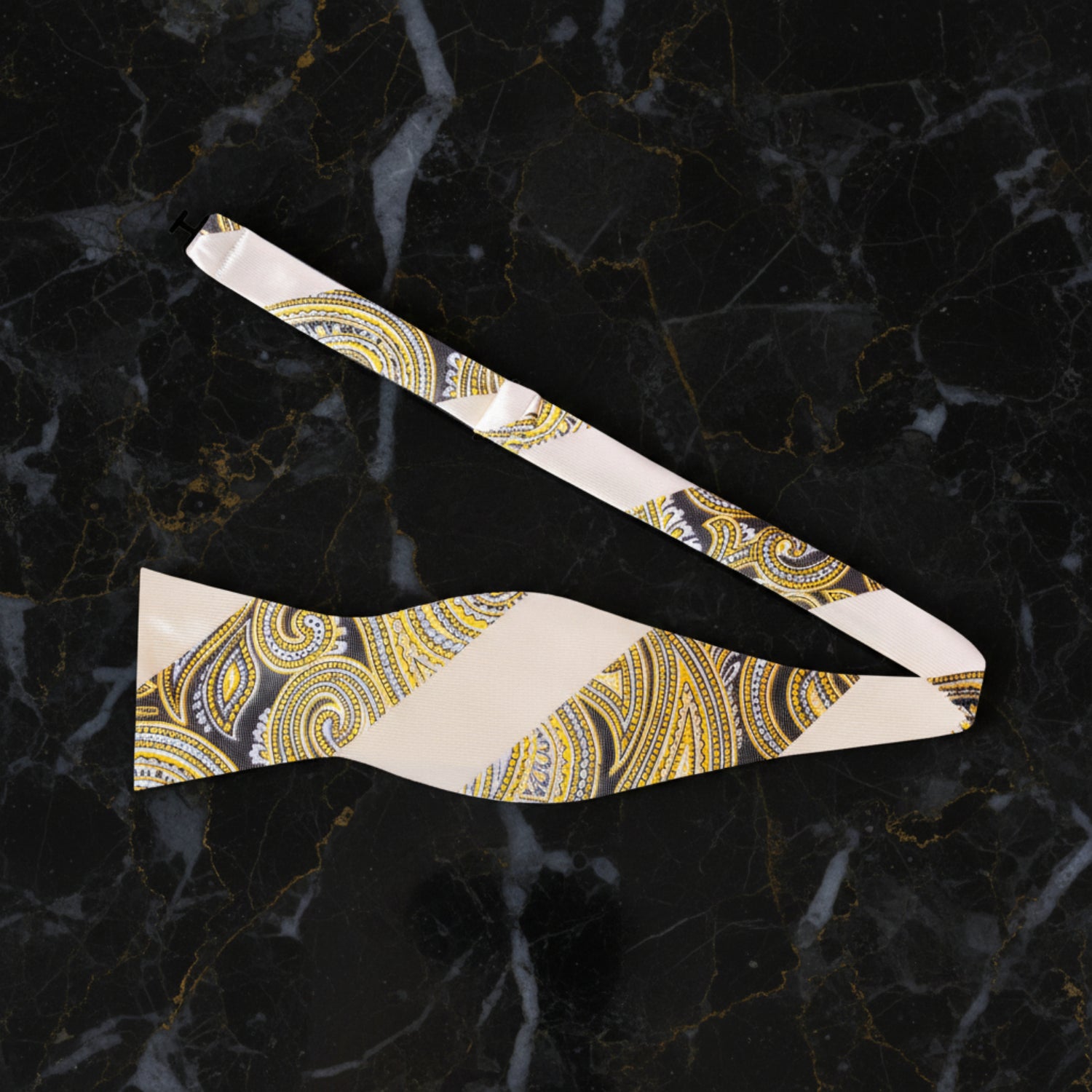 A Light Yellow, Shortbread Paisley and Stripe Pattern Self Bow Tie View 3