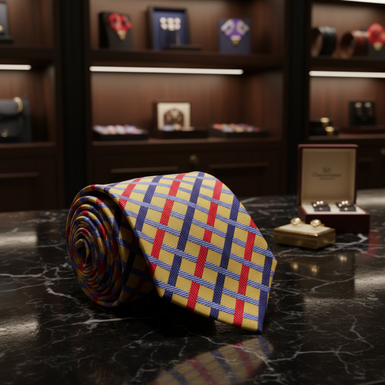 A Light Gold, Red, Blue Intersecting Lines Pattern Necktie 