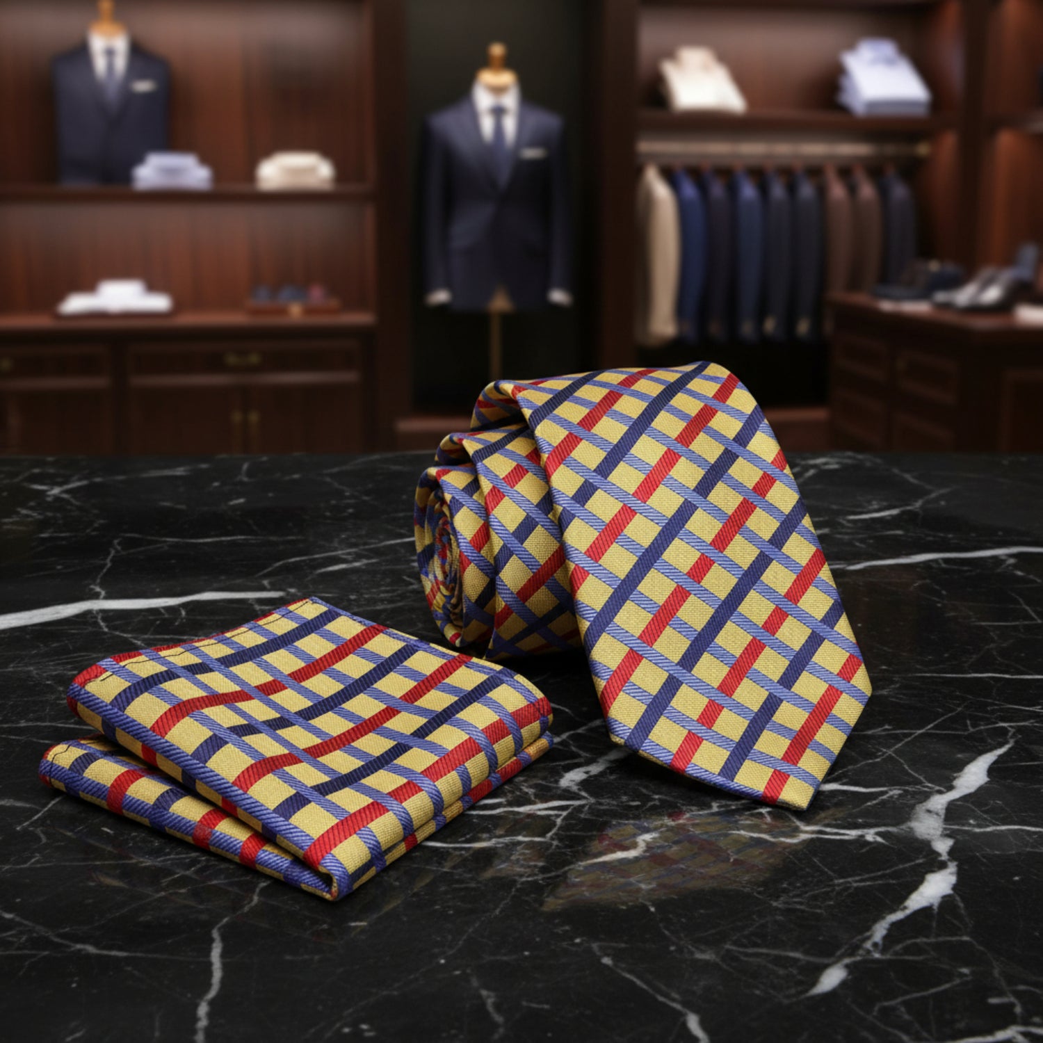 Alt View: A Light Gold, Red, Blue Intersecting Lines Pattern Necktie, Matching Pocket Square